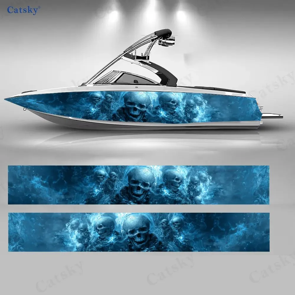 Blue Skull Running Trend Horror Smoke Flame Boat Sticker Vinyl Ship Pontoon Deck Boat Fishing Decorative Pontoon Boats Decal