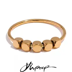 Yhpup Stainless Steel Square Beads Ring Women Fashion Thin Metal Gold Silver Color Summer Rust Proof Finger Jewelry Anneaux