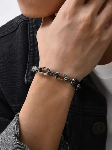 Vnox Punk Heavy Rectangular Link Chain Bracelets for Men Teens Boys, Vintage Oxidized Paperclip Chain Wristband, Chunky Jewelry