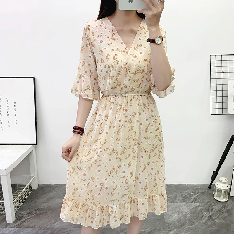 Boho Flower Chiffon Beach Dress Women Summer Short sleeved V-neck Casual Ruffle Midi Long Dress
