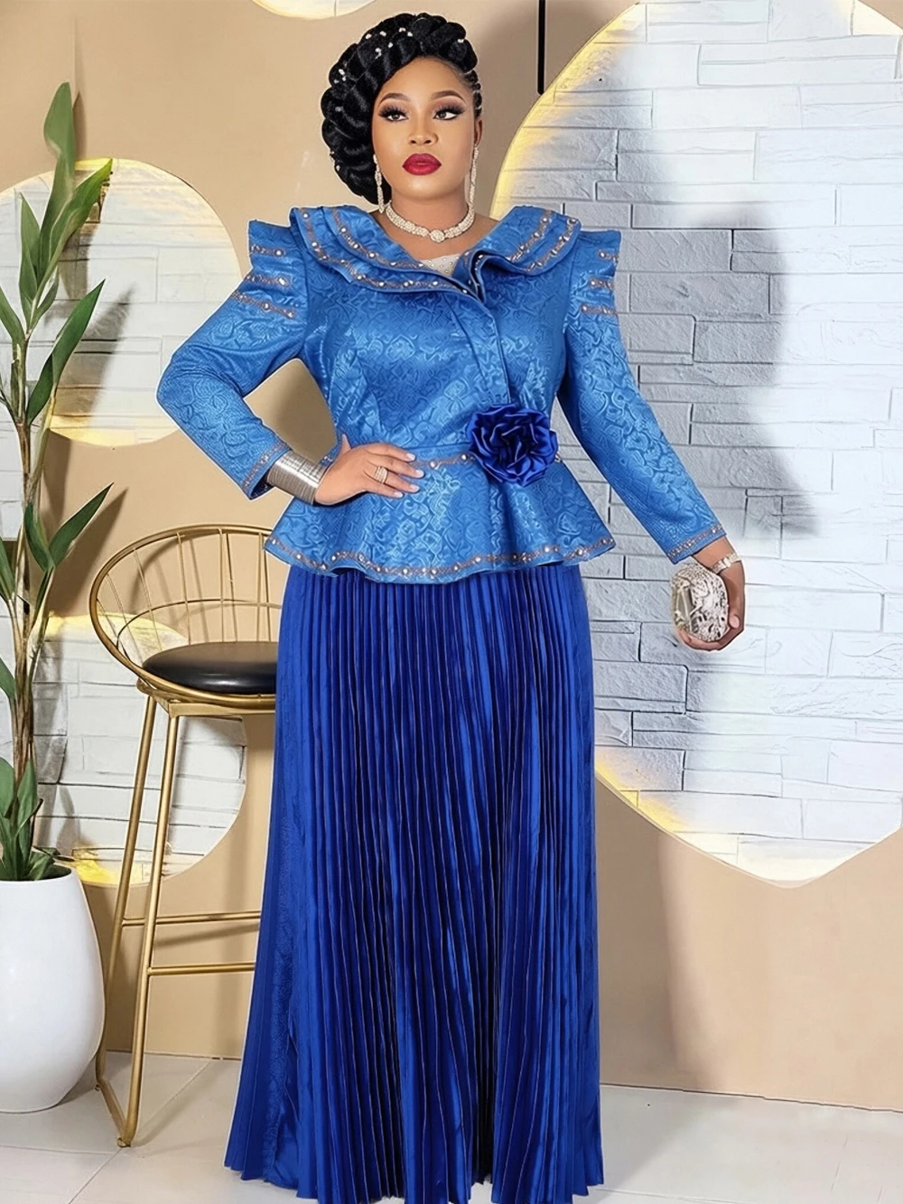 

Комплект из двух предметов: африканская одежда, элегантное женское плиссированное платье, топ с длинными рукавами и юбка, костюм для дня рождения, свадьбы, вечеринки, вечернее платье