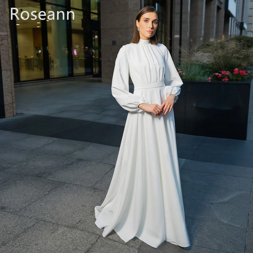 

Muslim A-line High Quality Wedding Dresses 2024 New High Collar Full Satin Draped Pleat Bride Gown Floor Length robe de mariée