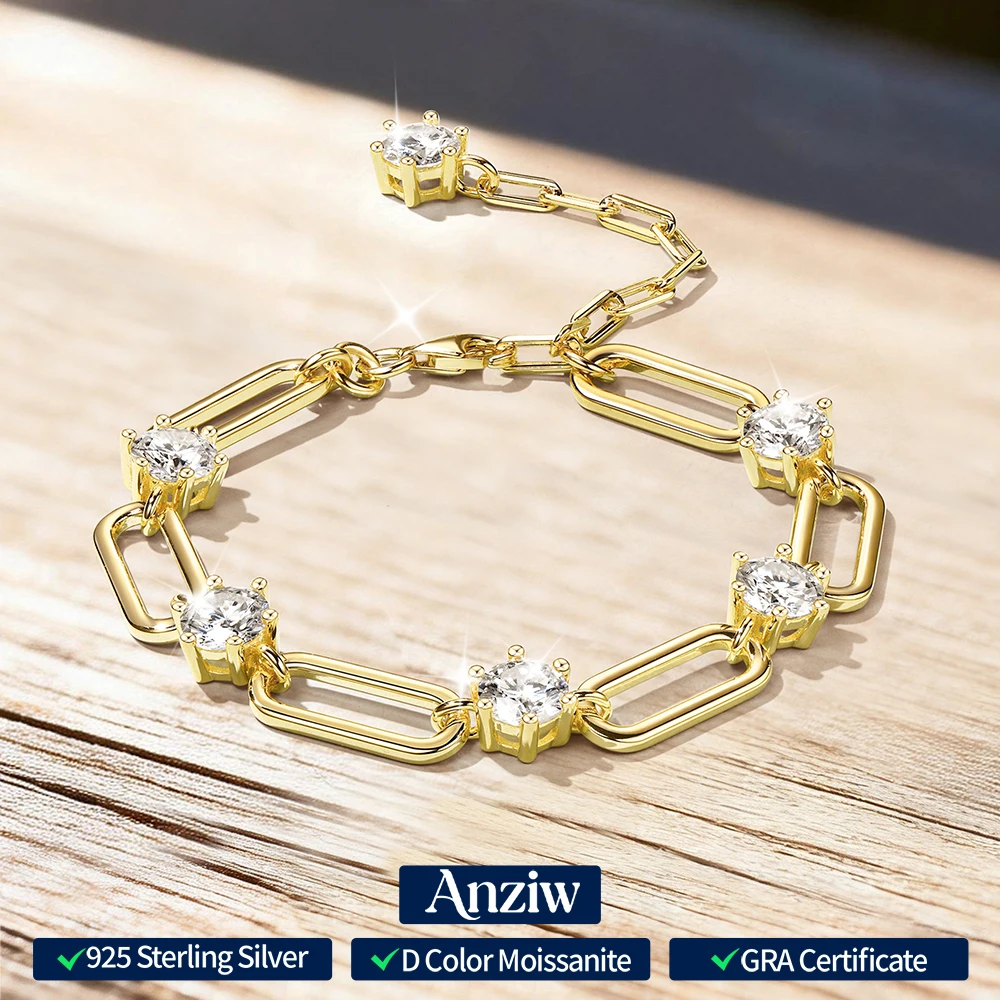 

Anziw Fashion Style 6.0cttw 6.5MM 1CT Moissanite Bracelet for Women Real 925 Silver Link Chain Bracelets Certified Jewelry Gift