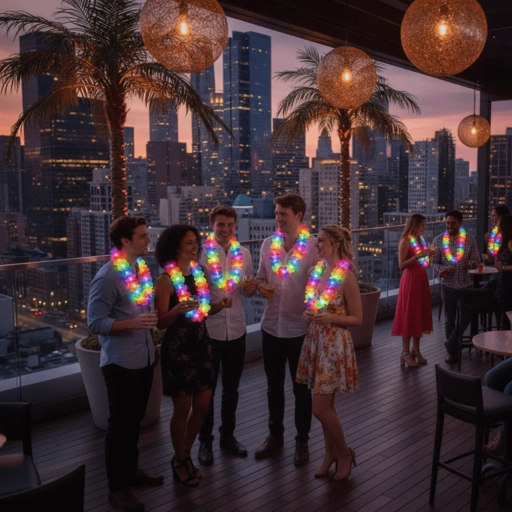 Glow In The Dark LED Necklace Rainbow Lei Tropical Design Hawaii Lei Light Up Artificial Flower Glow Necklace Carnival Party