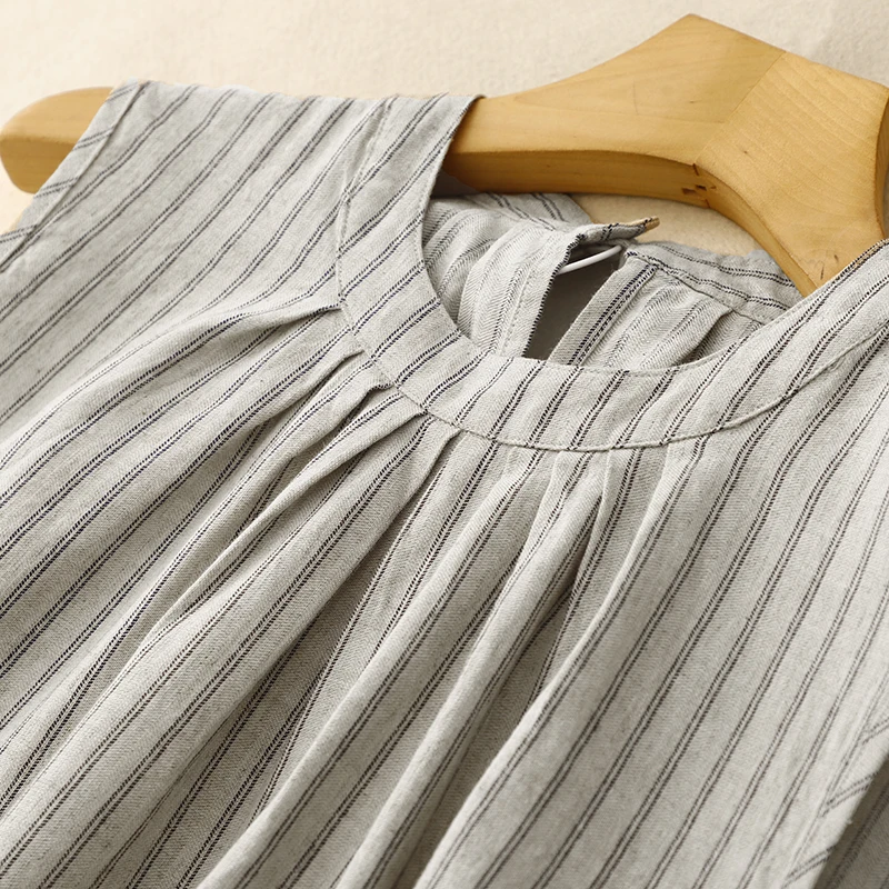 Women Long Dress Summer 2025 Cotton Linen Vertical Strips Loose Boho Casual Streetwear Holiday