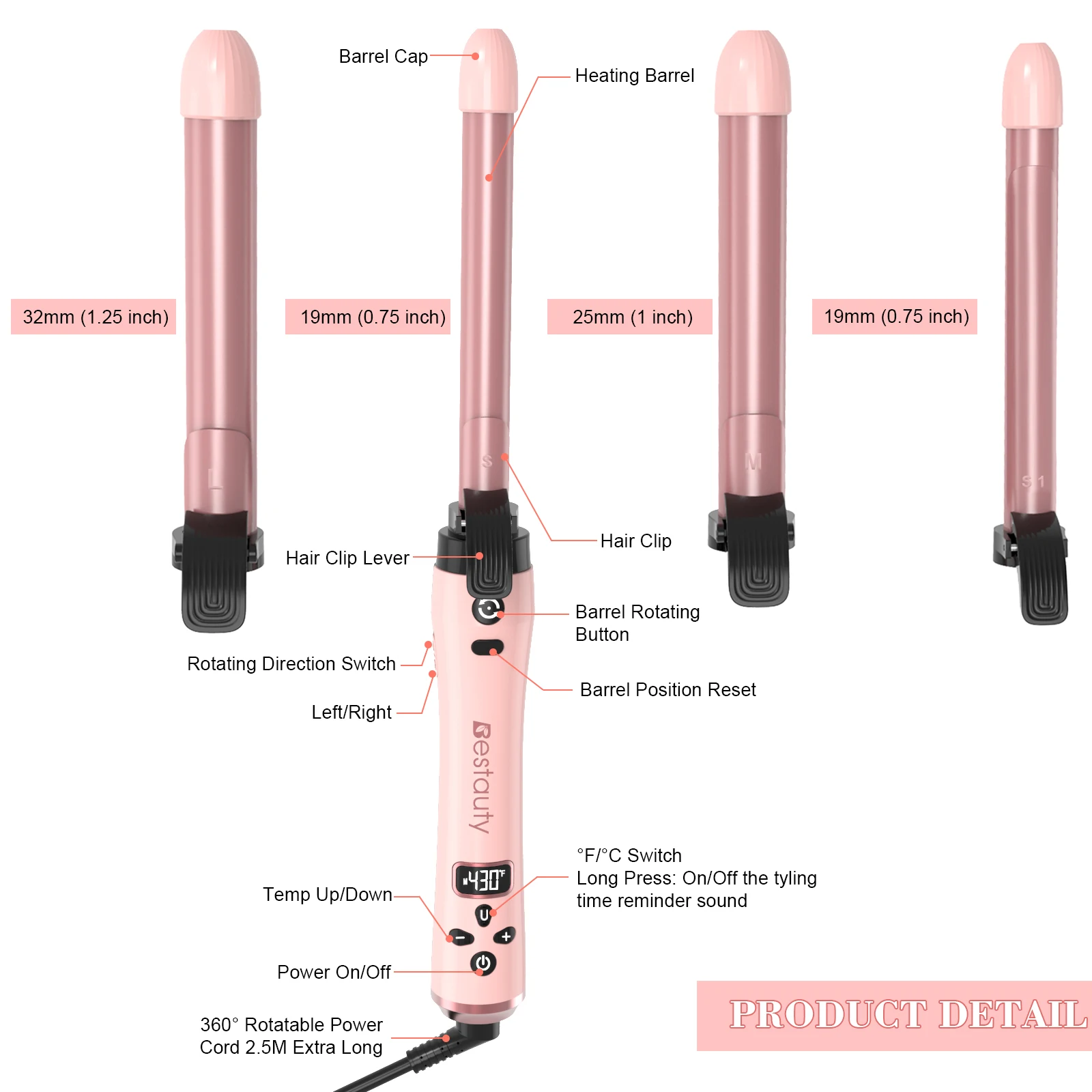 

Hair Curler Ceramic Curling Iron Wand Set Auto With Interchangeable Ceramic Barrel & Hair Clip & Heat Protective Glove