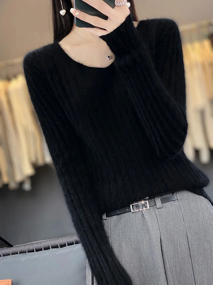 

100% Mink Cashmere Women Sweaters V-Neck Pullovers Autumn Winter Super Warm High Elasticity Soft Tops Casual Slim Basic Jumper