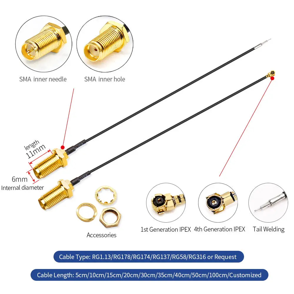 Cable Coaxial RF de 2 piezas, SMA hembra/macho a UFL/u.FL/IPX/IPEX-1/IPEX-4, interfaz MHF4, extensión Pigtail RG1.13, longitud del Cable de 10cm