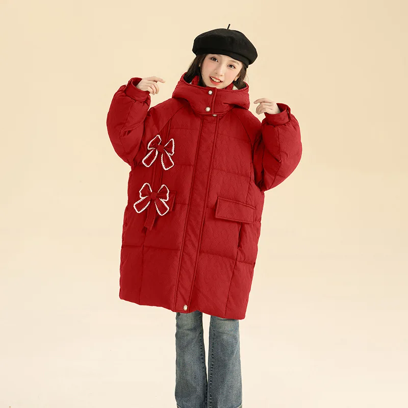 Winter 4-14Y Kids Girls Mid-length Parkas Plus Velvet Thicken Warm Baby Girls Outerwear Coats Knotbow Junior Girl Hooded Jackets