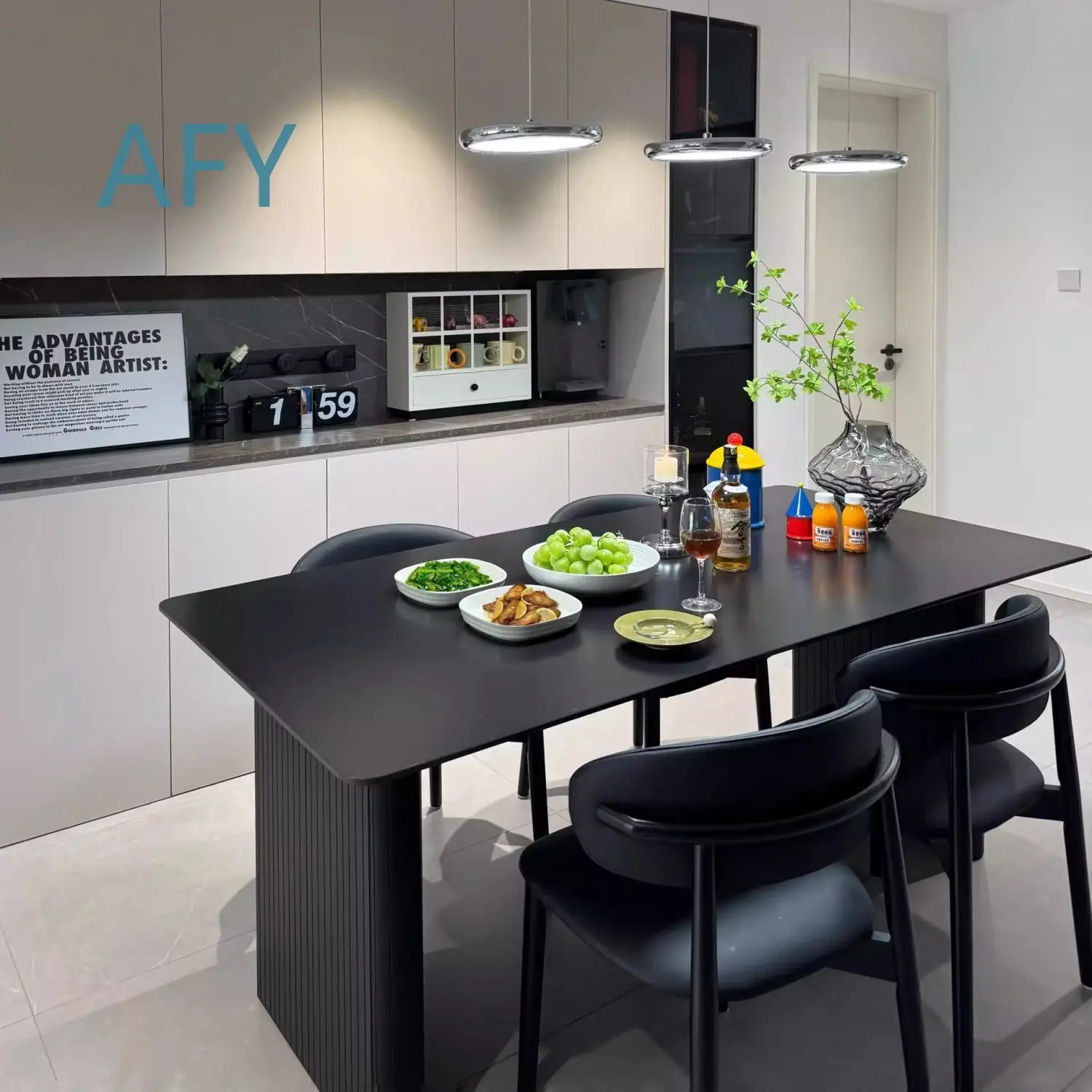 For Small Space Modern Minimalist Italian Style Solid Black Laminate Dining Table Set with Chairs for Home Use