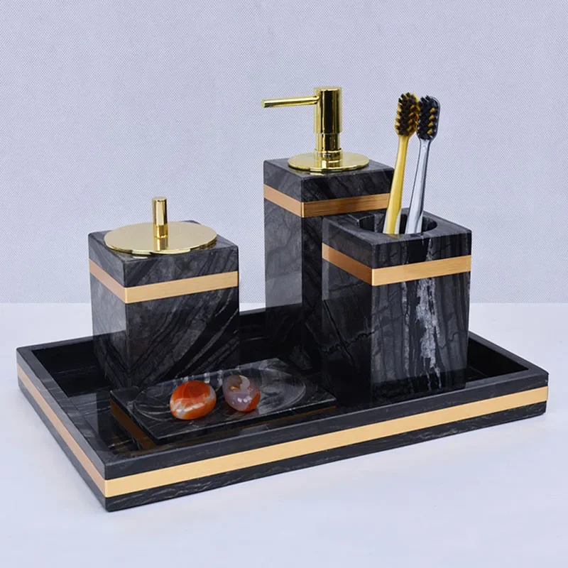 【Natural】Luxury Marble Bathroom Accessory 5-Piece Set, European Washroom Vanity Kit, High-End Tray & Tissue Box