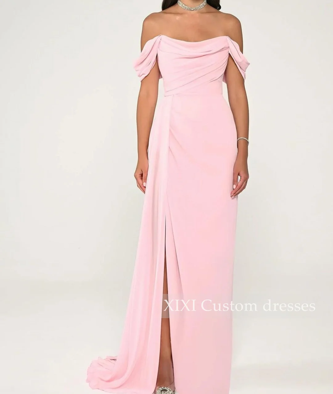 فستان سهرة XIXI A-Lin بفتحة عالية على الكتف بخط العنق بطول أرضي كشكش بسحاب فساتين لحفلة موسيقية Vestidos De Festa #4