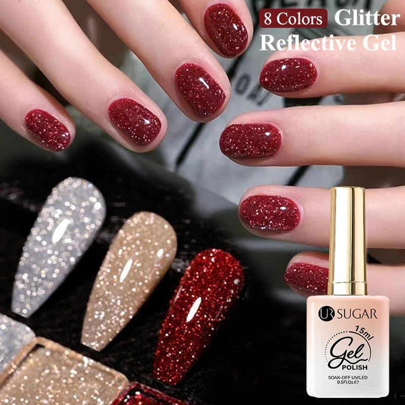 

UR SUGAR 15ml Red Champagne Gold Reflective Glitter Winter Nail Art Varnish Semi Permanent Soak Off UV Gel For Nails Manicure