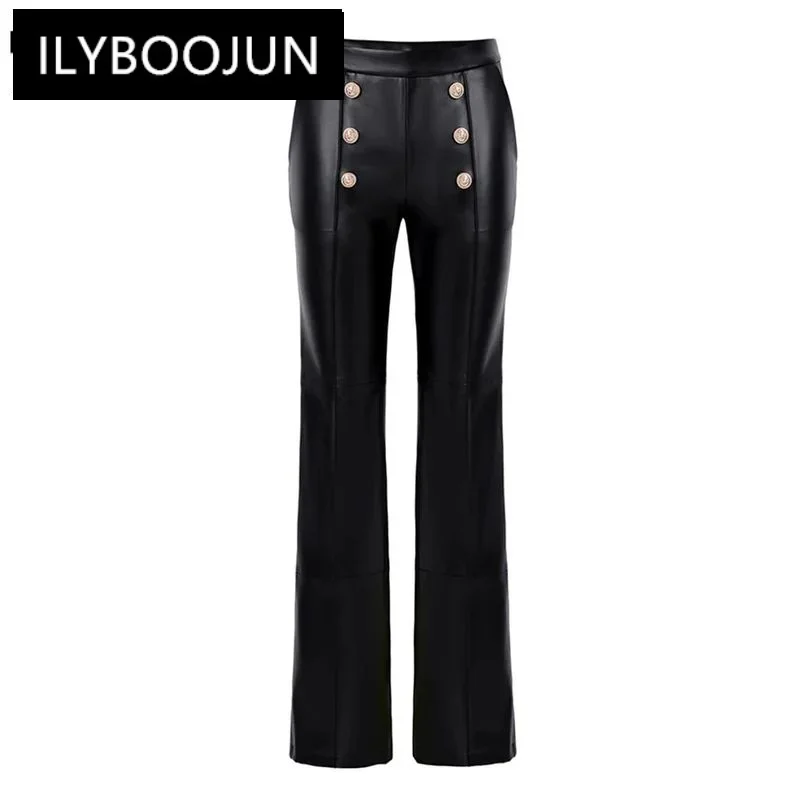 

Long PU Leather Pants for Women, Gold Buttons, Vintage Classic Style, All-matched, Full Length, European and American