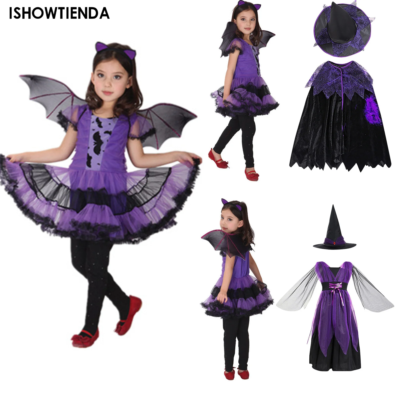 Halloween Costume For Kids Girls Cosplay Dress With Hat Vampire Fancy Dress Children Carnival Party Dresses With Wing Clothes