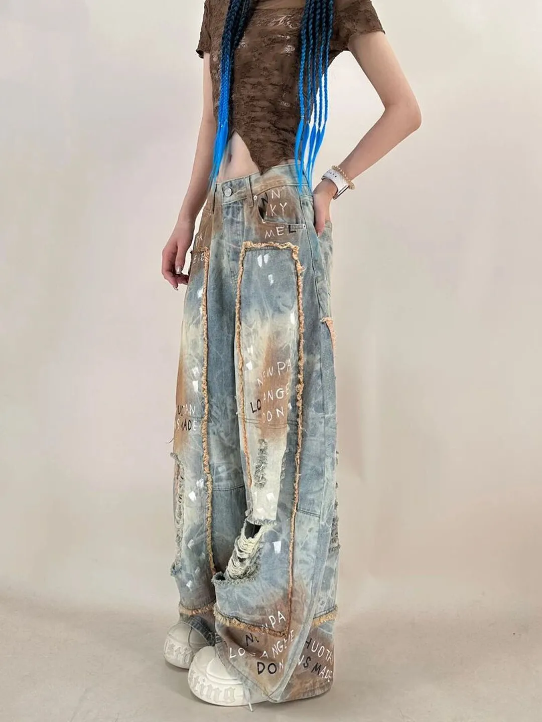 Original Hand-Painted Letter Fade Denim Pants Women's High Waist Wide Leg Jeans Summer 2026 Drawstring Anti-Dirt Blue