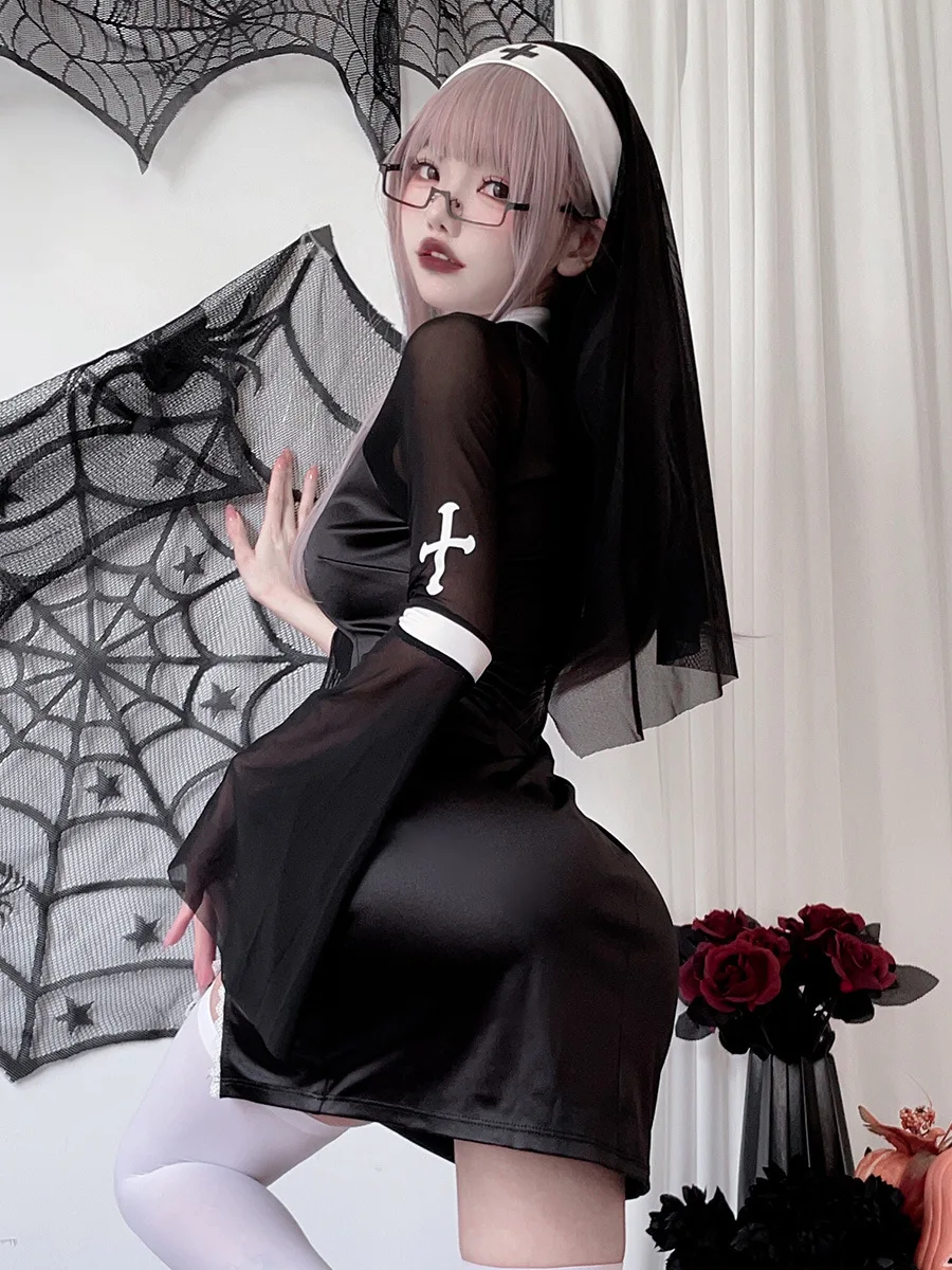 Costumes d'Halloween Cosplay pour Femmes, Vêtements de Nonne Vampire, Robe Gothique Adulte, Vêtements de Sauna Imbibés