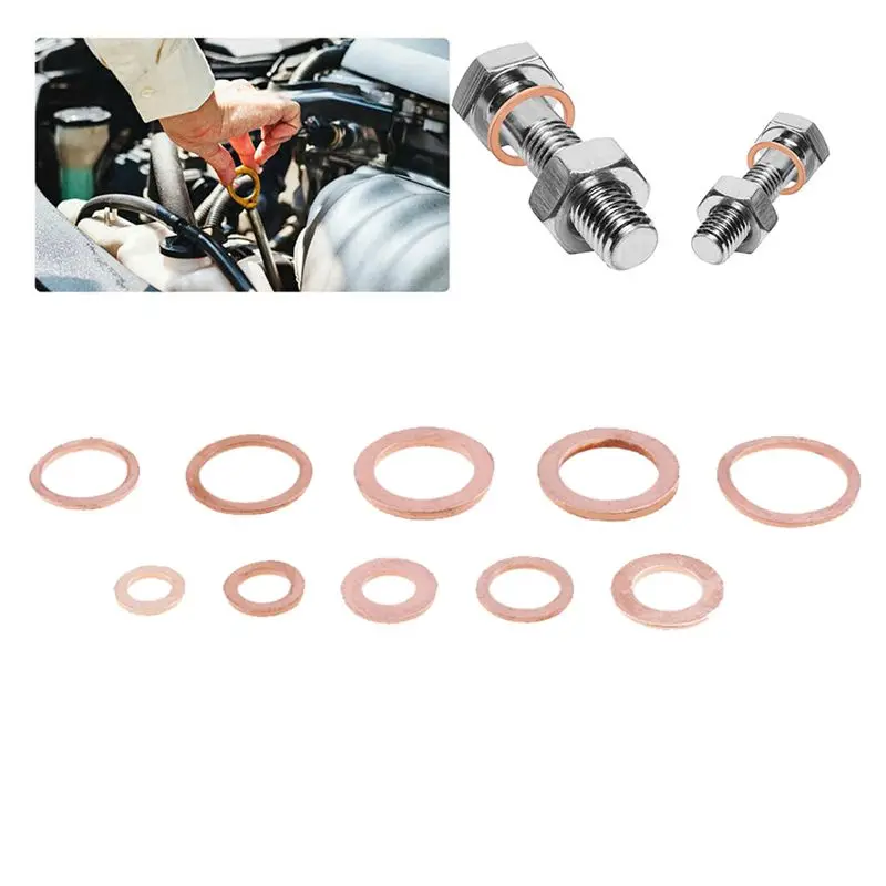 Aug. 200Pcs Copper Washer Gasket Nut Bolt Set Flat Sealing O Ring Solid Gasket Assortment Kit Car Engine Oil Gasket Plug