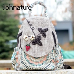 Johnature Casual Summer Lightweight Canvas Backpack Female Wild Travel Bags Ethnic Style Floral Backpacks Retro Women Bag