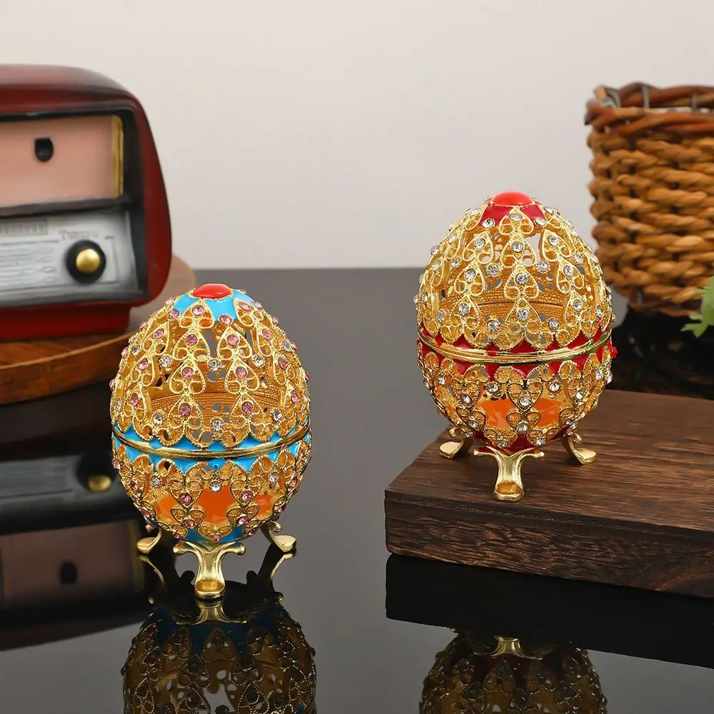 

Enamel Color Jewelry Box Alloy Material Hollow Design Egg-Shaped Box Hollowed-Out Inlaid Diamond Storage Jar Home Craft