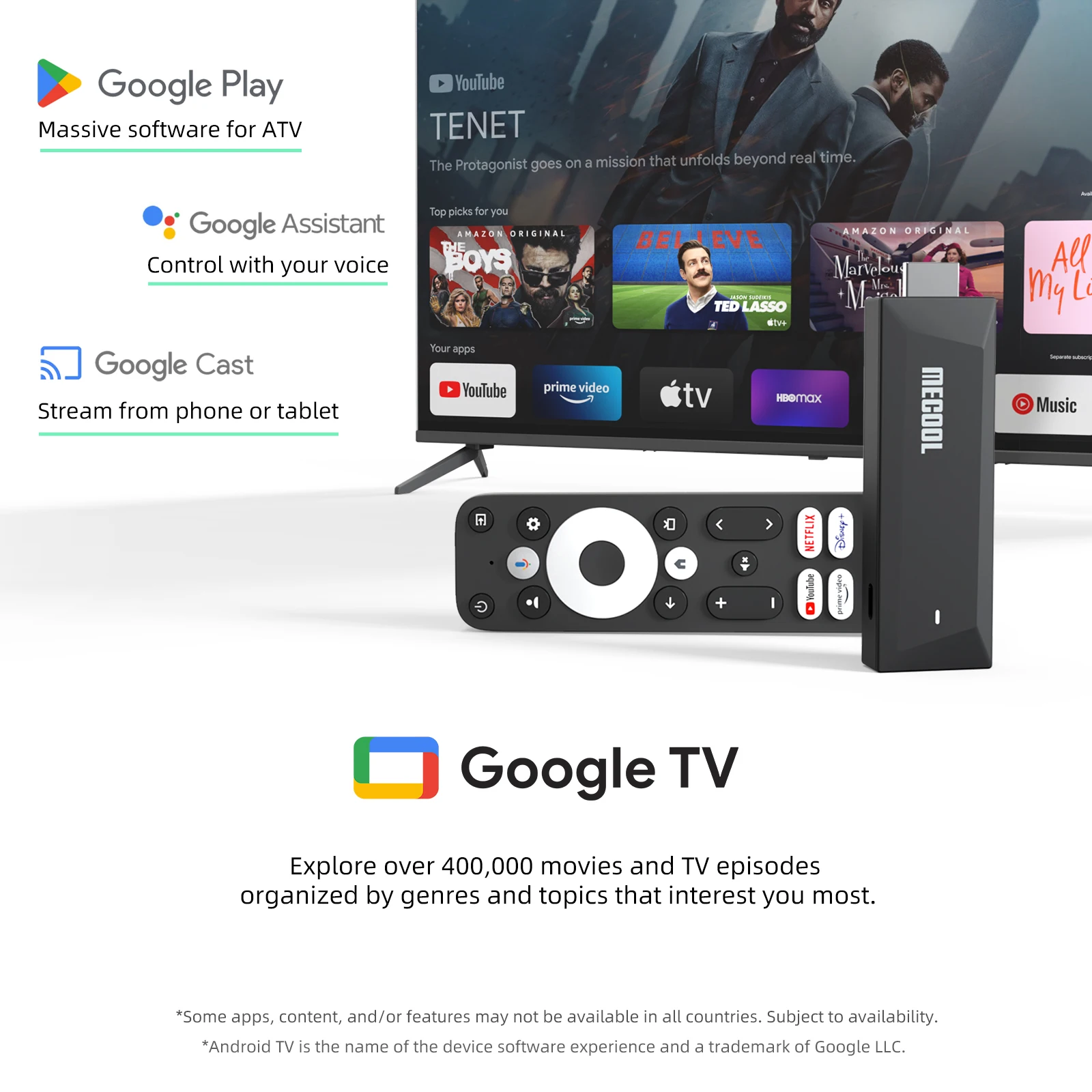 MECOOL MEgo1 4K TVStick 2025 مع مشغل تبخير Google المعتمد Netflix 4K AI SR/PQ 2+8G RTD 1325 HDR10+ WiFi 2.4G/5G BT5.0