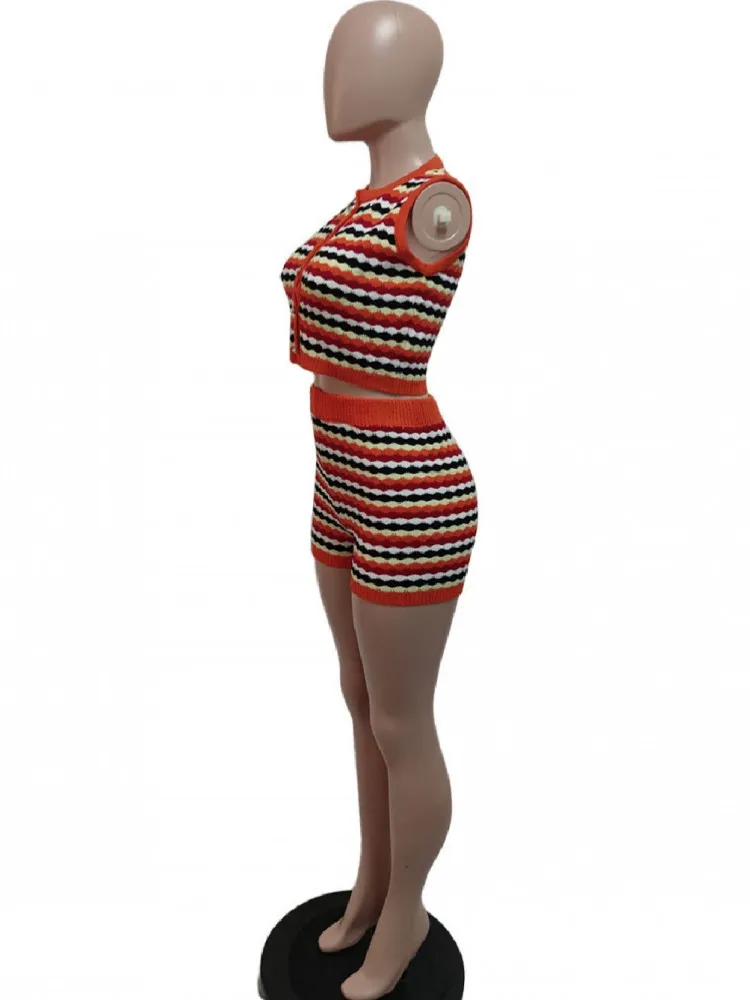 Setelan Olahraga Wanita Set 2 Potong Atasan Longgar Kasual Musim Panas dan Celana Pendek Setelan Keringat Rajutan Bergaris Dua Potong Set Pakaian Yang Cocok