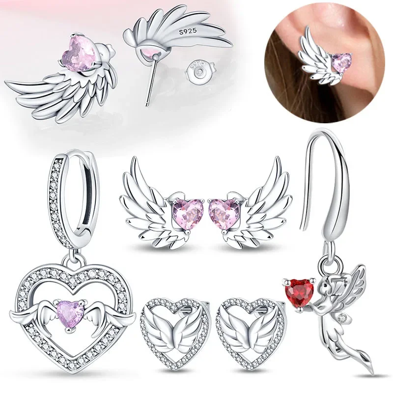 

S925 Silver Angel Wing Hoop Earrings Heart-shaped Stud Earrings Pink Anniversary Fine Jewelry Accessories Gift for Women