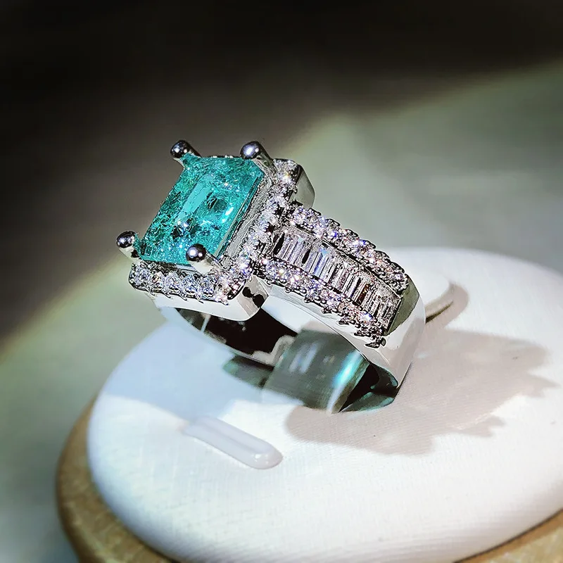 925 srebro New Arrival z bawełnianą wełną imitacja naturalnego Paraiba pełny pierścionek z brylantem dla kobiet biżuteria na przyjęcie urodzinowe na prezent — zdjęcie 5