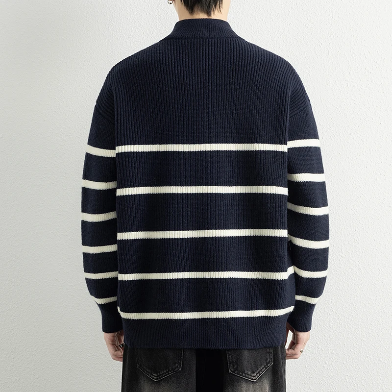 2025 Autumn Winter Men Thick Warm Sweater Men Striped Knitted Zipper Cardigan Male Loose Sweatercoats Man Black Outerwear