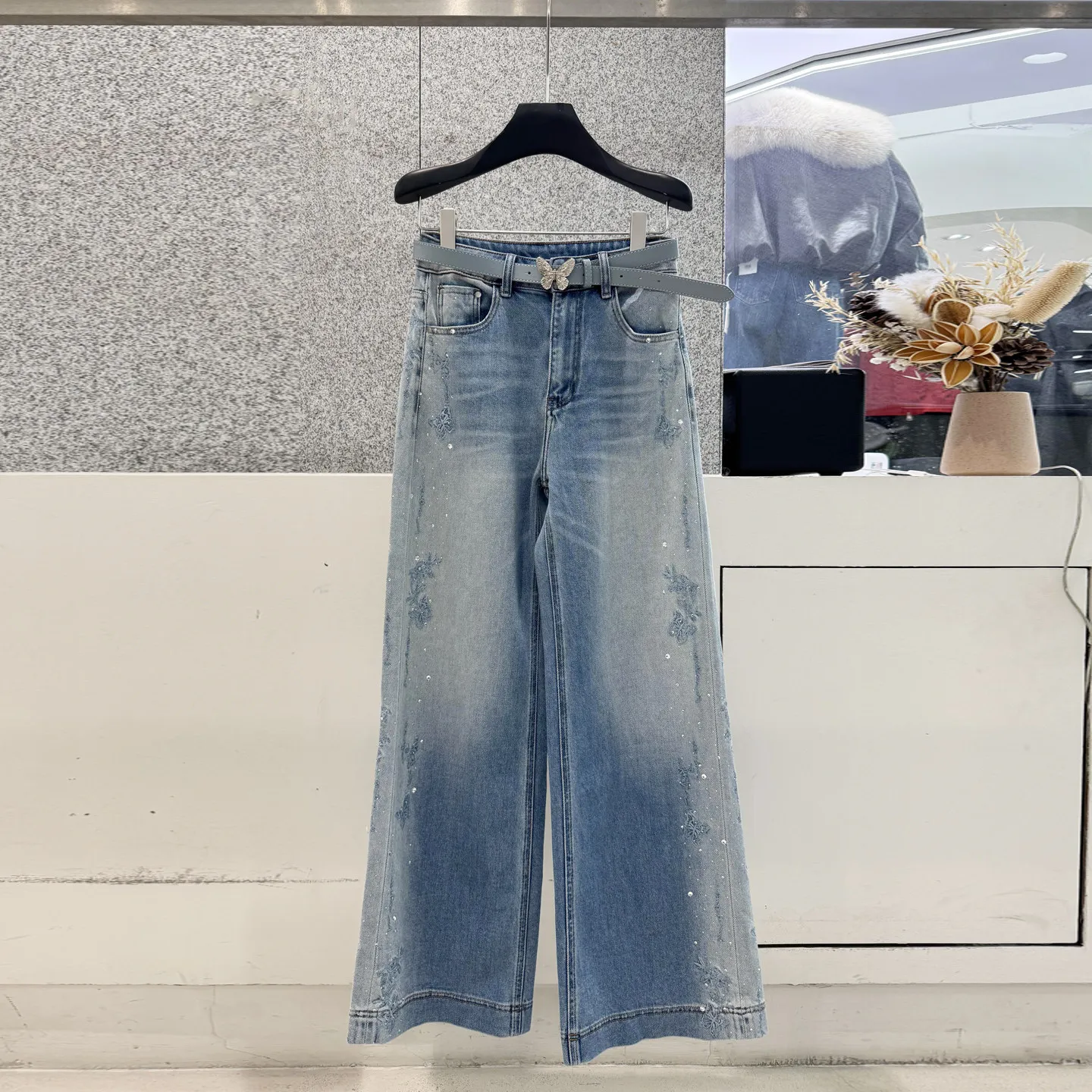 

Washed Wide Leg Denim Jeans High Waist Straight Cut Pocket Detail Pure Color Versatile Ladies Premium Women's Fashion