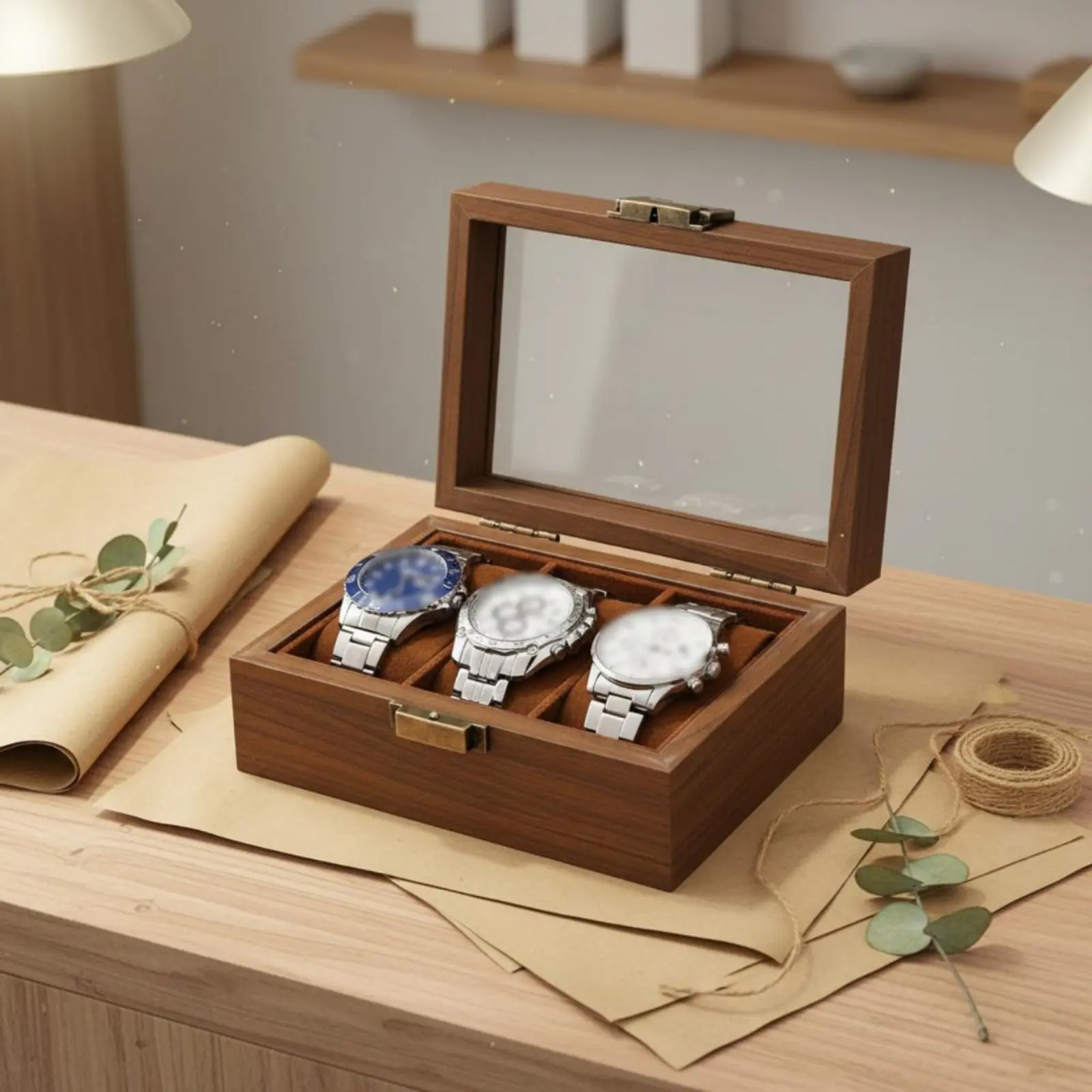Watch and Jewelry Storage Box Soft Luxurious Textile Lining Wooden Jewelry Box Glass Top Watch Display Case Dustproof for Women