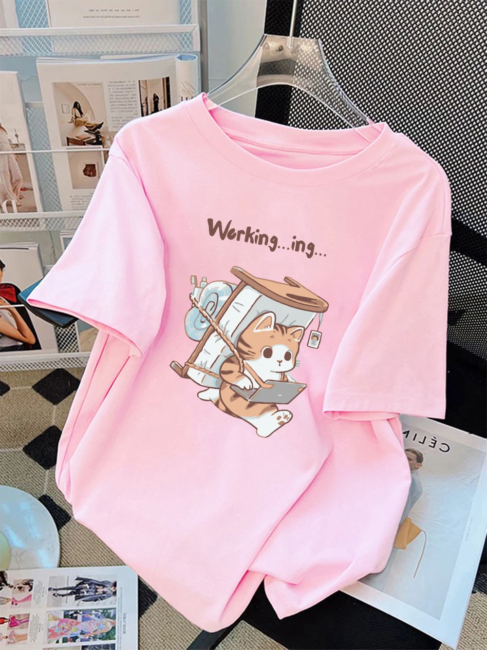 

Summer T-Shirts Cotton Womens A Sick Cat That Never Forgets To Work Print T Shirt Comfortable Soft O-Neck Tops Basic Clothes