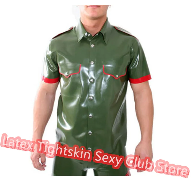 

Handmade Latex Men Sleeve Shirt Man Sexy Tops Rubber Tank Vest with Red Trim Cosplay Costume