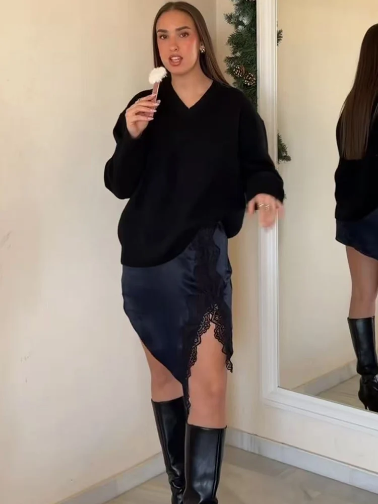    TFMLN falda asimétrica de encaje para mujer moda nueva Falda corta con cremallera lateral de Color sólido faldas elegantes de cintura alta para mujer