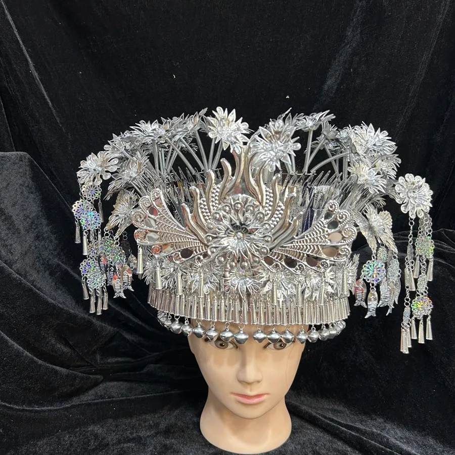 หมวกเงินชนเผ่าม้งจีนสำหรับผู้หญิง ประดับพู่ห้อย สำหรับเต้นรำ ถ่ายภาพในสตูดิโอ และงานเทศกาล