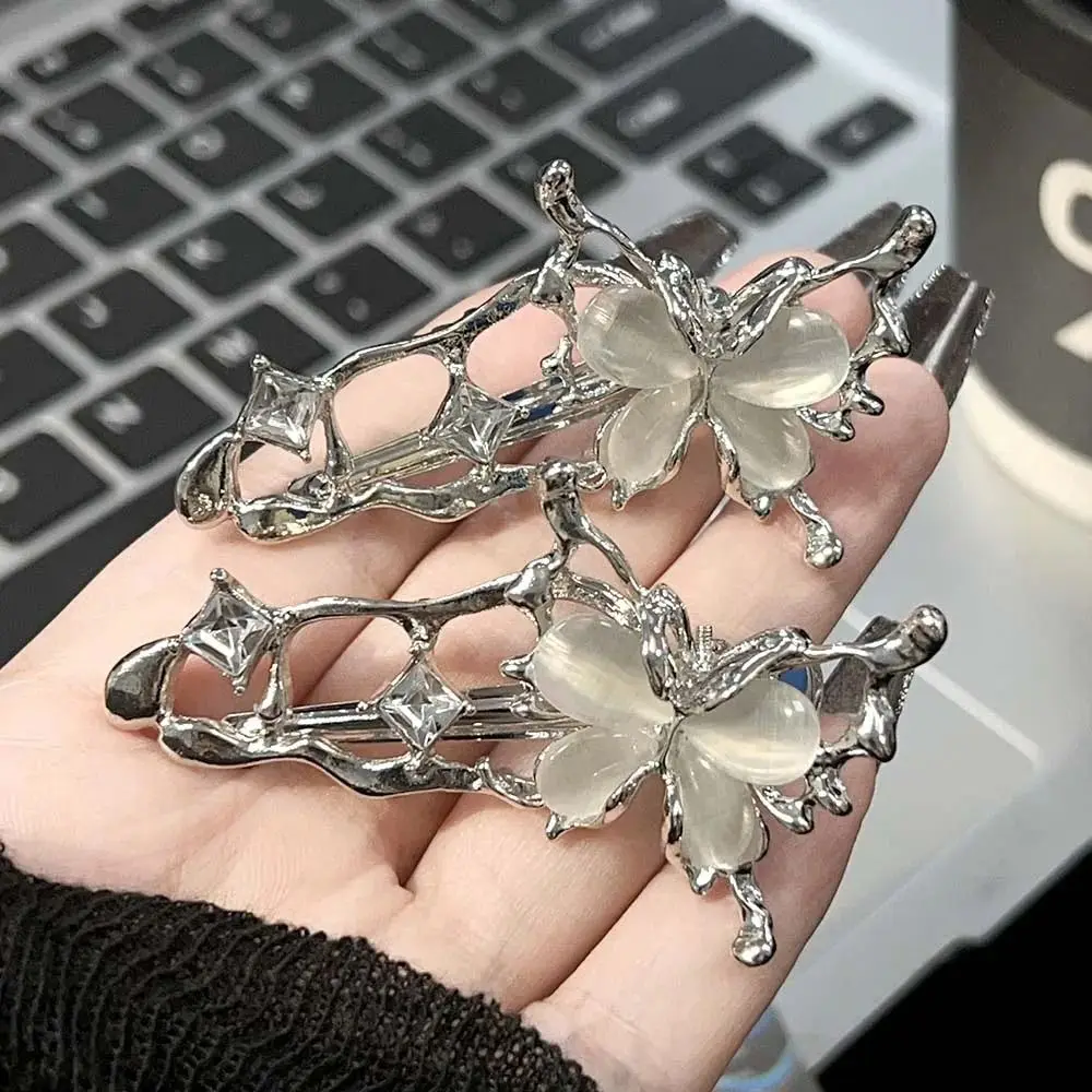 

1pc Irregular Shape Cat Eye Zircon Hair Clips Silver Color Butterfly Design Bang Clip Liquid Metal Texture Hair Barrettes
