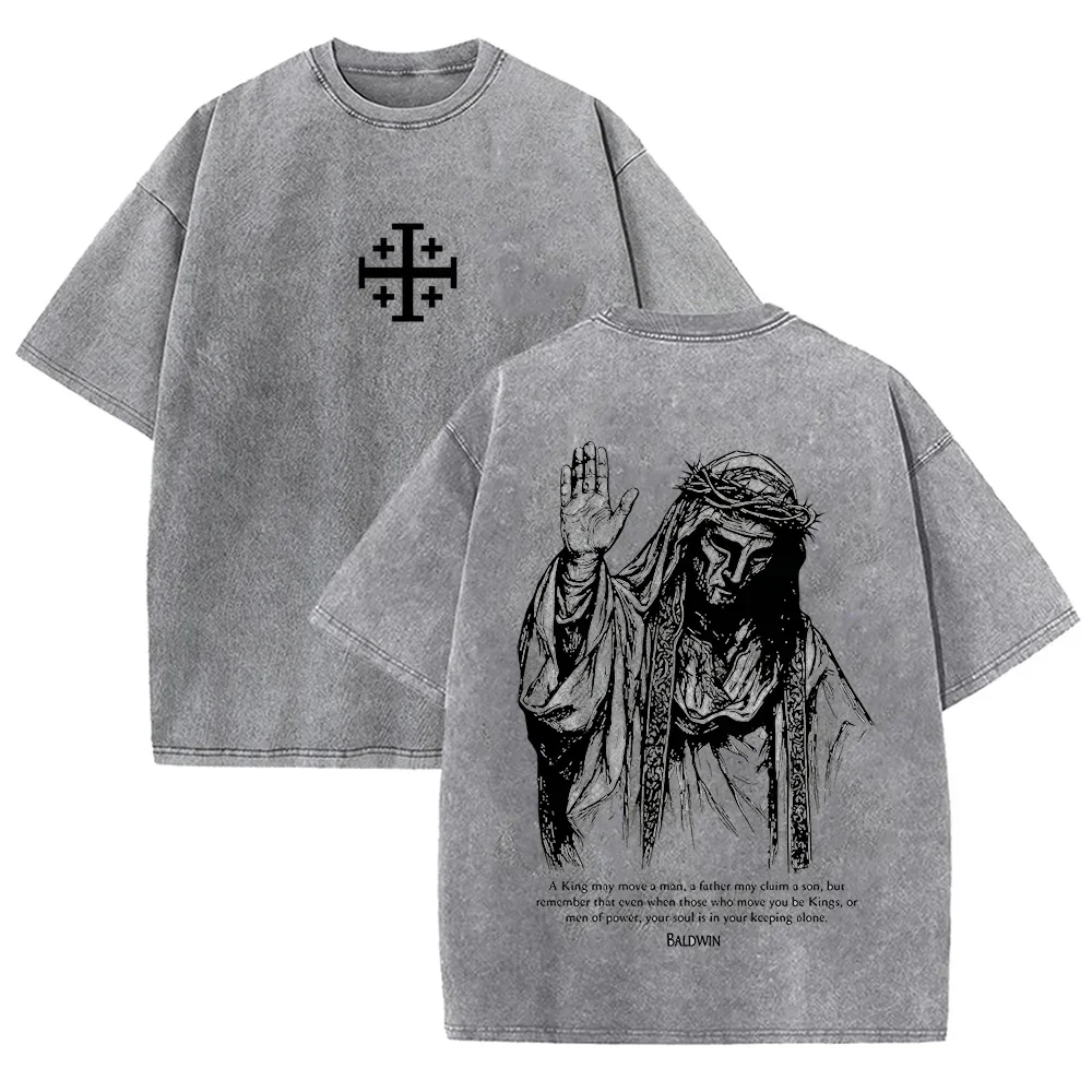 2026 New Jesus With Crown of Thorns T Shirt Vintage Washed Grey Graphic Tee Unisex Casual Religious Top