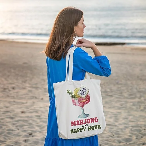 

Mahjong Cocktail Tote Bag Versatile Canvas Shoulder Bag for Women Casual Reusable Picnic Beach Shopping Handbag Minimalist White