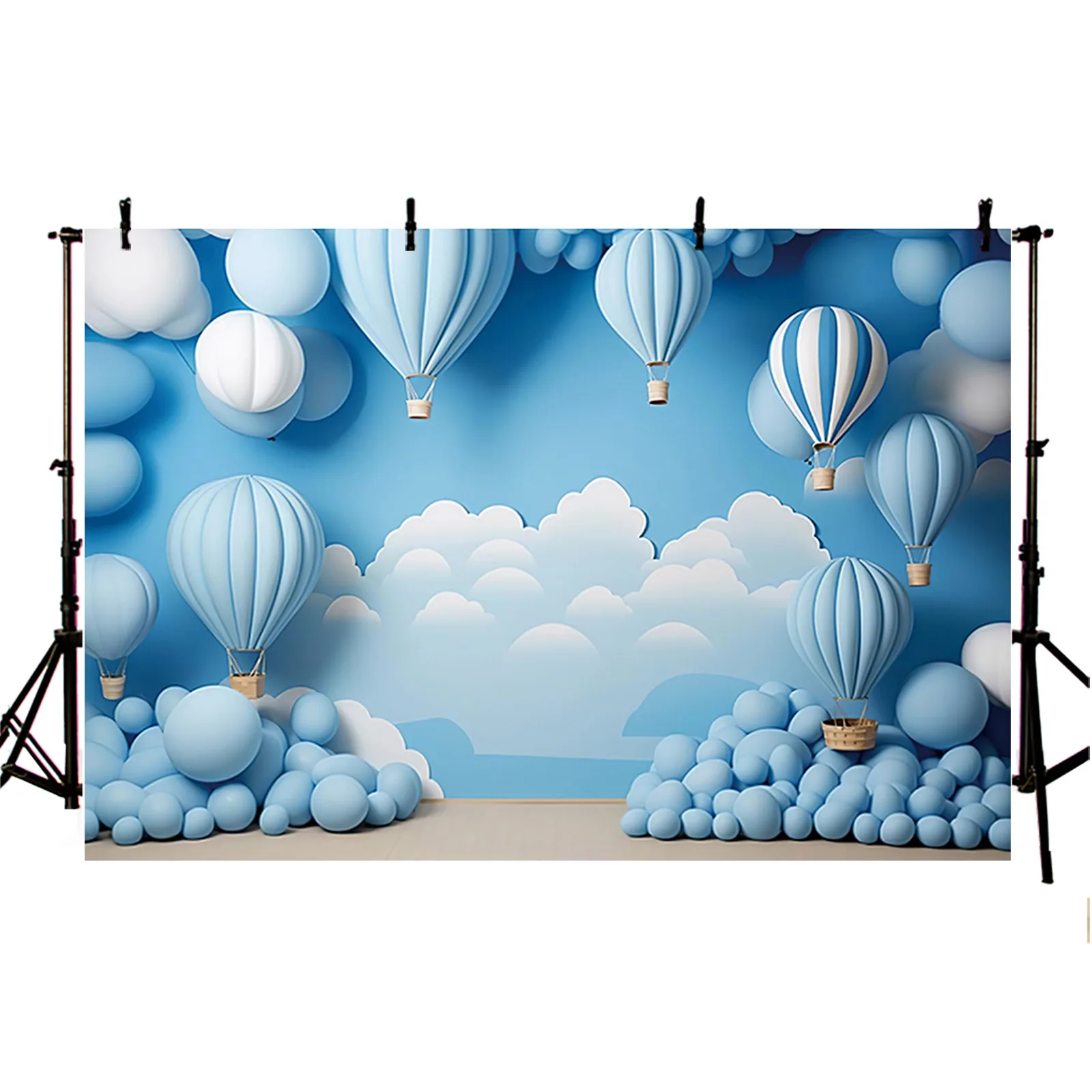 Hot Air Balloon Photography Background Blue Sky White Clouds Luggage Adventure Birthday Party Decor Backdrop Kids Cake Portrait