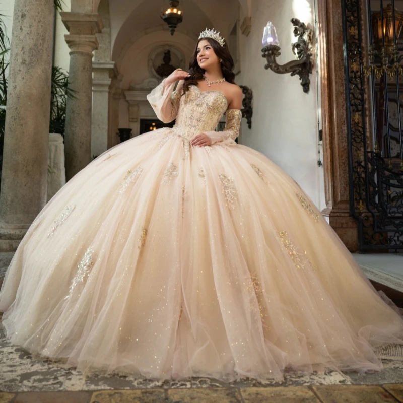 

Champagne Shiny Quinceanera Dresses Off The Shoulder Applique Lace Beading Crystal Party Birthday Sweet 16 Dress Vestidos De 15