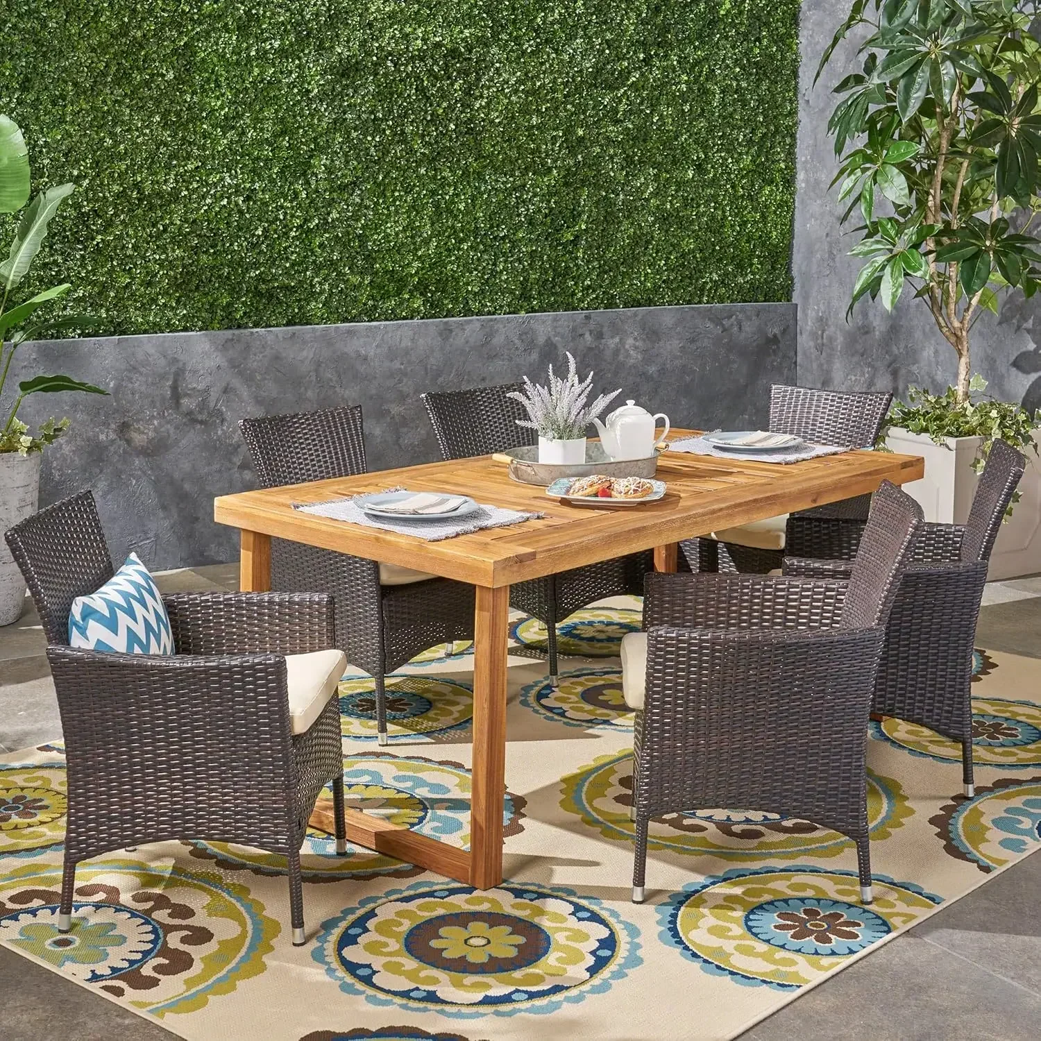 Moralis Juego de comedor Moralis Outdoor de madera de acacia de 6 plazas con sillas de mimbre, 23,25 "L x 24" P x 33 "H