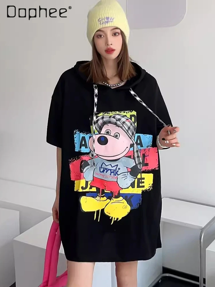 

Casual All-Match Cartoon Printed Hooded Short-Sleeved T-shirt for Women 2023 Spring and Summer New Loose Mid-Length Cotton Top