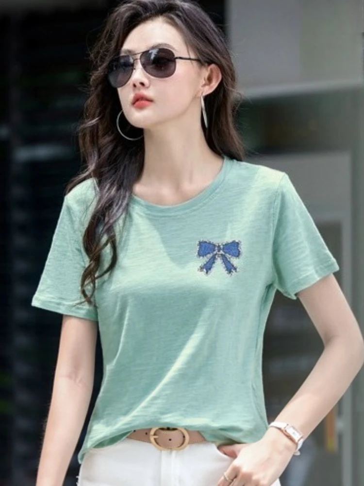 AOSSVIAO جديد جودة عالية القوس تي شيرت مطبوع القطن الخالص قصيرة الأكمام طاقم الرقبة القمم لينة مريحة أنيقة المرأة تي شيرت #5