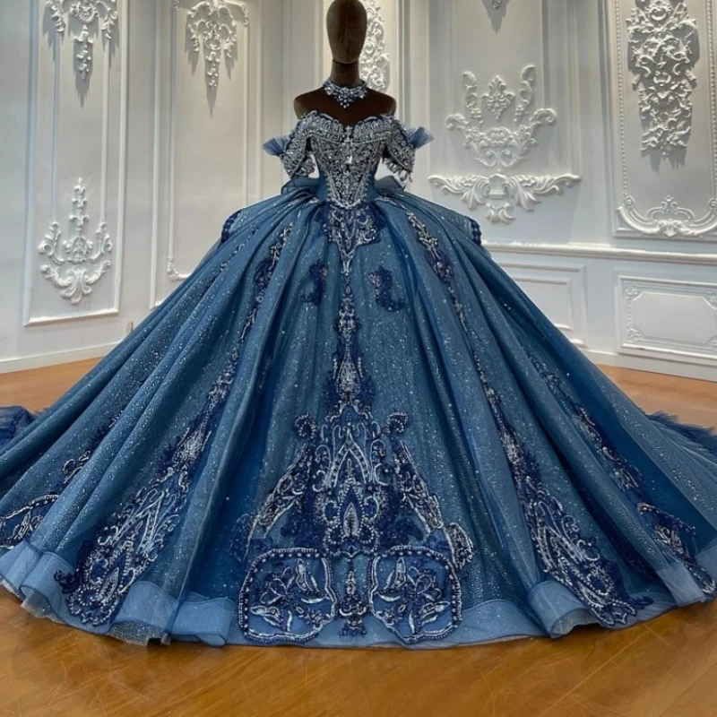 

Sea Blue Shiny Quinceanera Dresses Off The Shoulder Applique Lace Beading Crystal Bow Tull Party Birthday Sweet 16 Dress Vestido