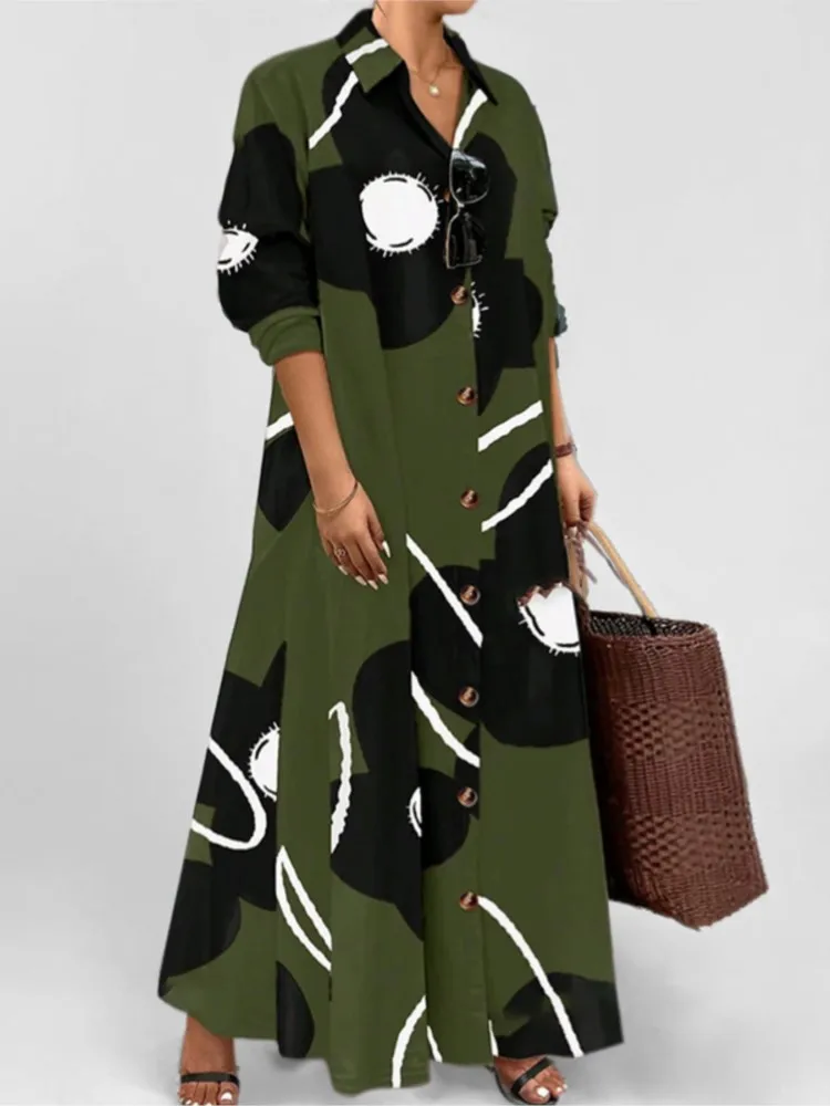 Fashion Printed Long Dress New Women's Spring Summer Casual Loose Long Sleeved Single Breasted Shirt Big Swing A-line Dress