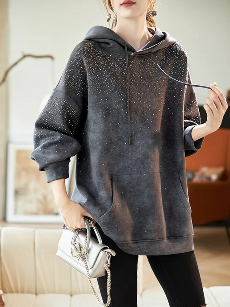 Women Hoodie Tie Dye Long Sleeve Hooded Sweatshirt Autumn Winter Warm Casual Streetwear Pullover Tops