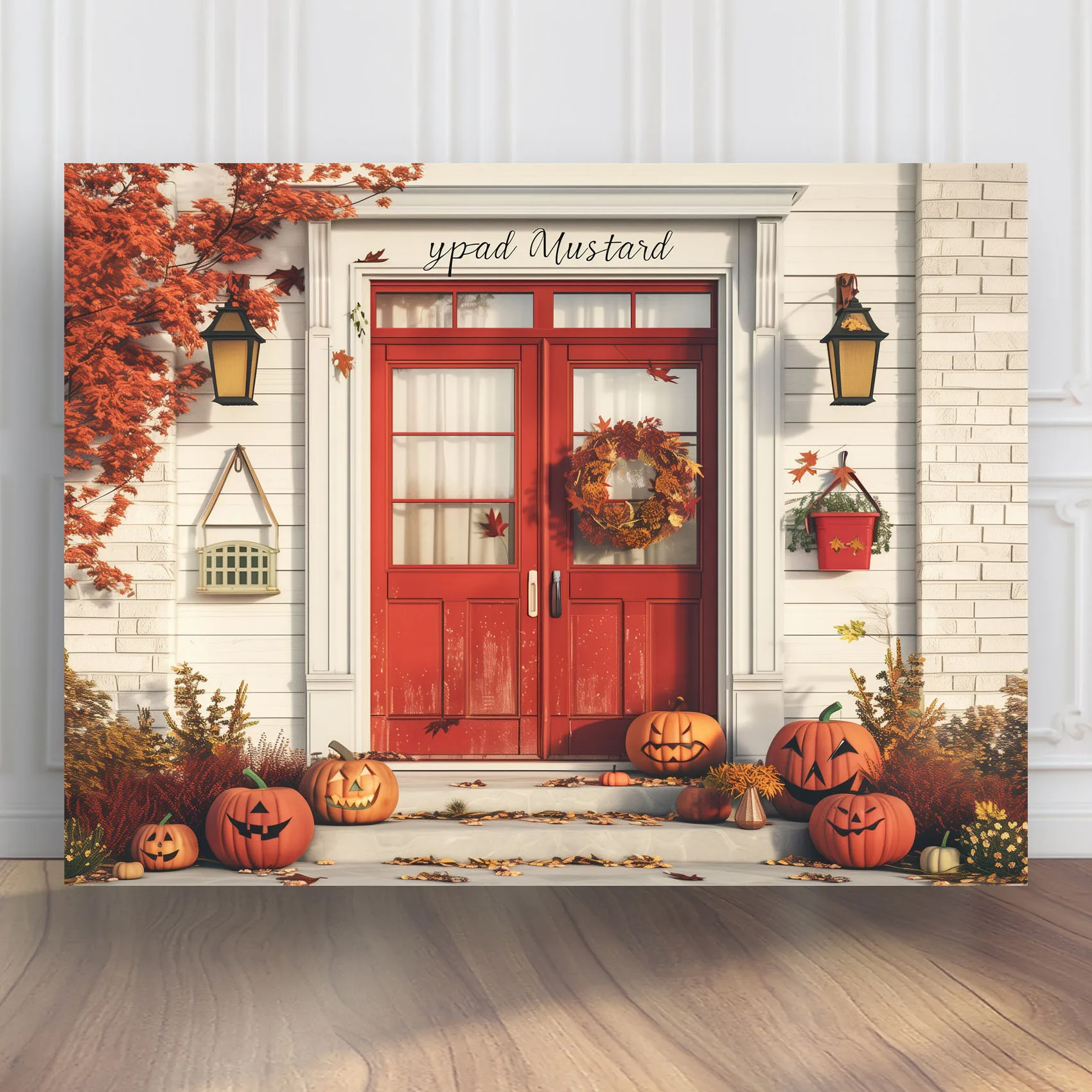 Autumn Themed Front Porch with Red Door Pumpkins Photography Backdrop for Thanksgiving Party Decoration Props BG-1640