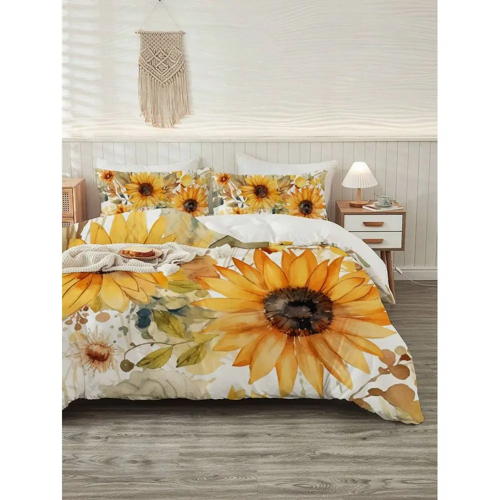 

Soft Comfortable Sunflower Print Duvet Cover Set, Suitable For Bedroom And Guest Room Includes 1 Duvet Cover And 2 Pillow Shams