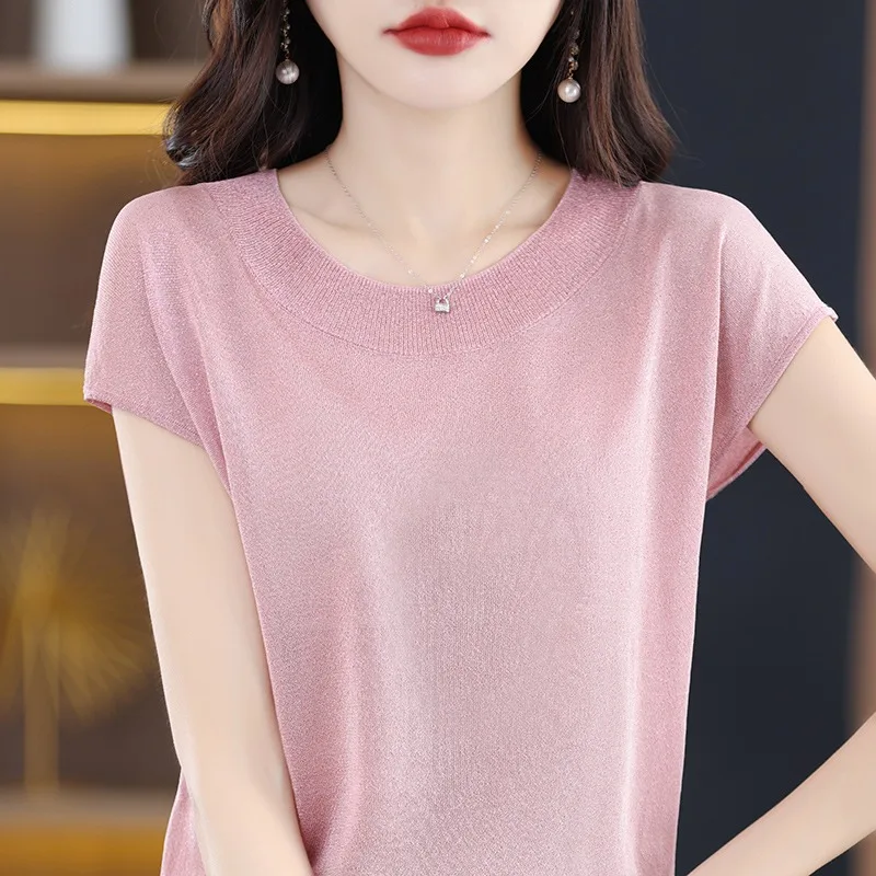 

Shirley Yang Short Sleeve Women's round Neck Cotton Knitted Shirt Sleeveless Summer New Style Luminous Silk Loose Top