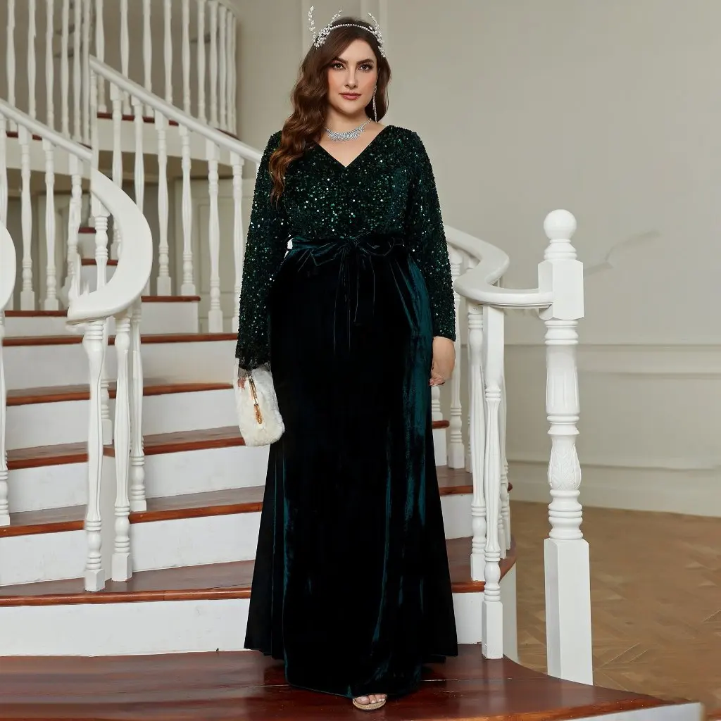 Plus Size Damen-Abendkleid aus goldenem Samt mit langen Ärmeln und Pailletten, Hochzeitskleid im europäischen und amerikanischen Stil